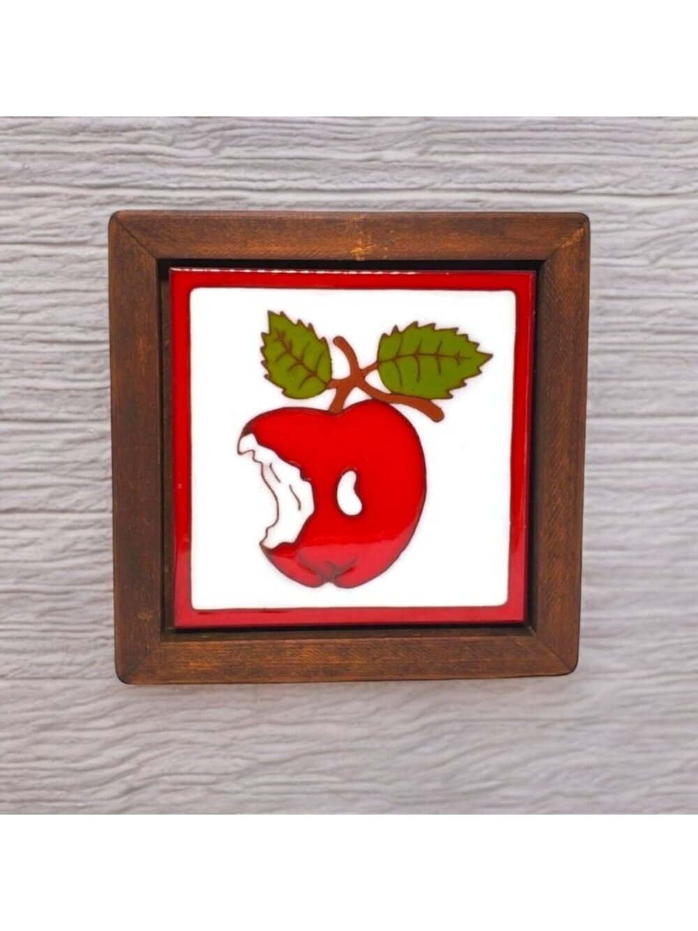 Vtg Framed Art Tile Bitten Apple 7.5" Red White Green Retro Brown Wood Frame